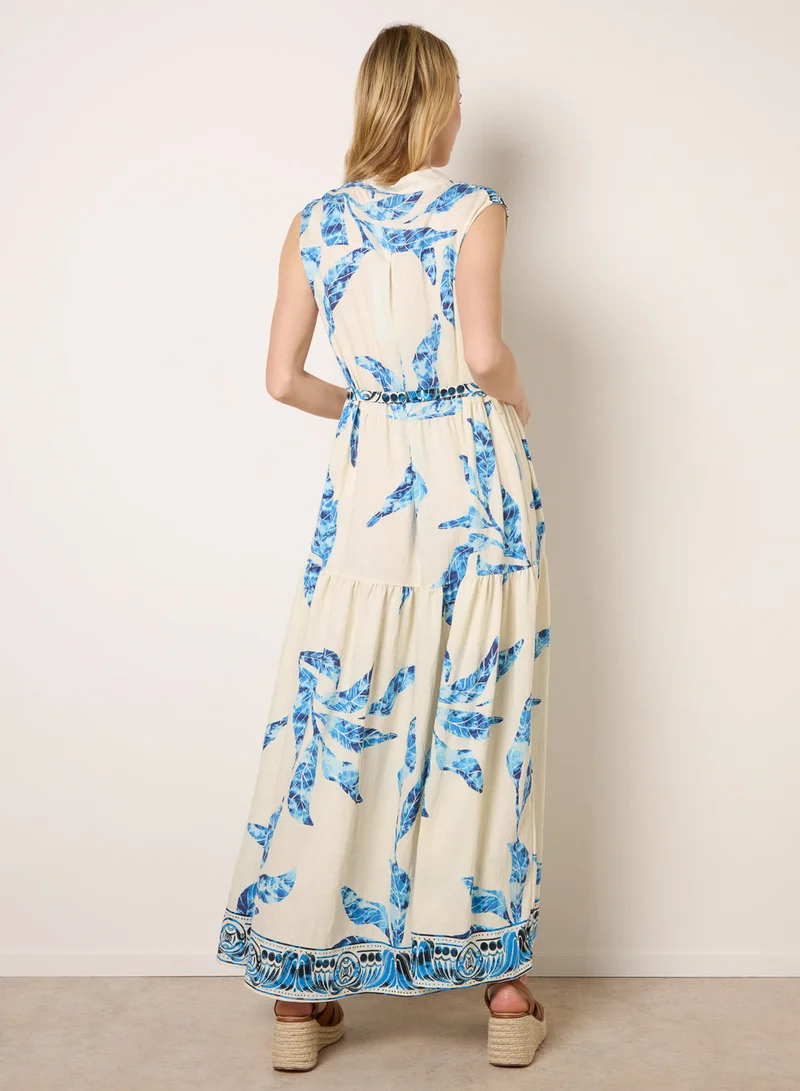بلو فانيلا Leaf Print Collarless Shirt Dress With Belted Waist